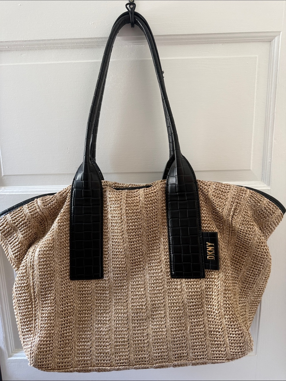 DKNY Tan Woven Tote with Black Croc-Texture Handles
